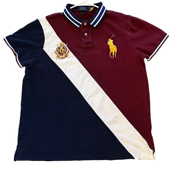 Polo Ralph Lauren Mens Big Pony Crest Colorblock Polo Shirt Burgundy Navy XL - Picture 1 of 3